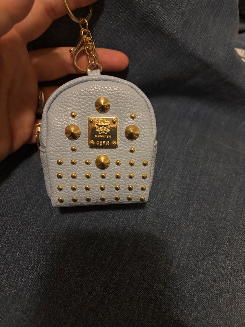 Light Blue Studded Mini Keychain Backpack Bag with Gold Hardware